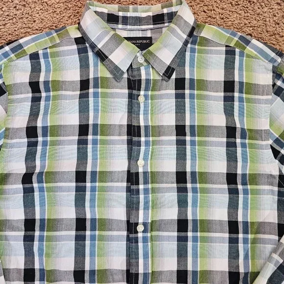 Banana Republic Button Up Shirt Mens XL Green Plaid Long Sleeve Cotton - Picture 3 of 8